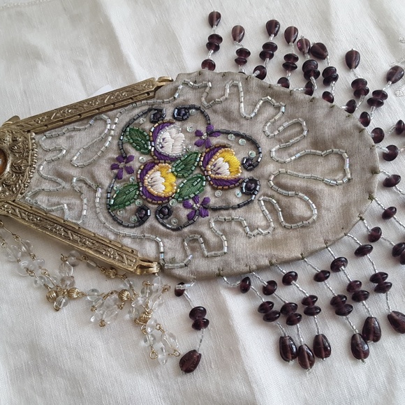 Beaded Evening Bag Purse w Embroidered Pansies New - Picture 3 of 7